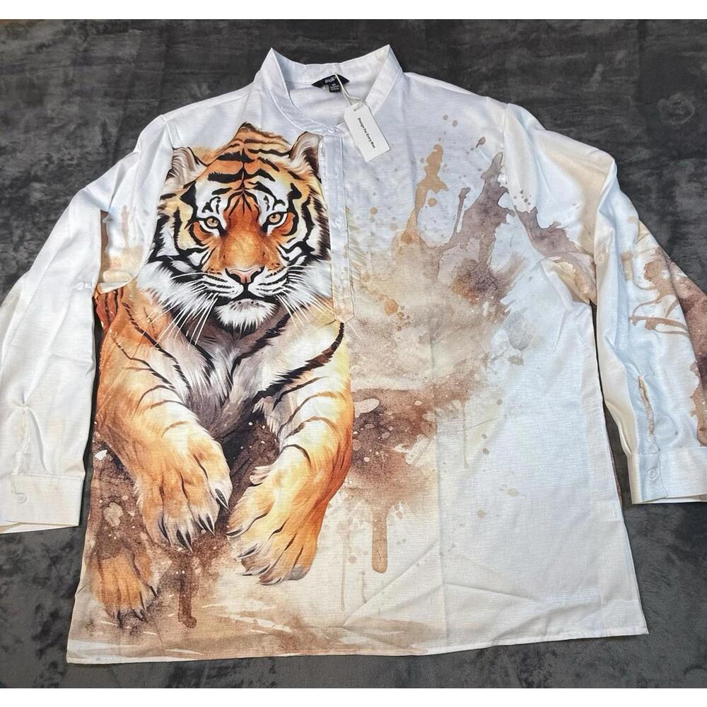 Ouku Men’s Long Sleeve 3XL Tiger Print 1/2 Button Down New With Tags